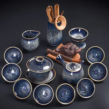 Handmade Silver Inlaid Star Teapot Set, Blue Drawing to build Tea Cup, Household
