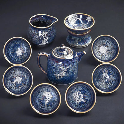 Handmade Silver Inlaid Star Teapot Set, Blue Drawing to build Tea Cup, Household
