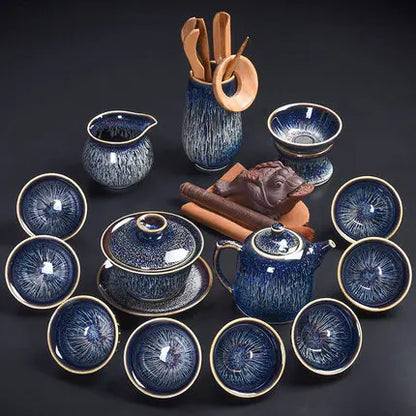Handmade Silver Inlaid Star Teapot Set, Blue Drawing to build Tea Cup, Household