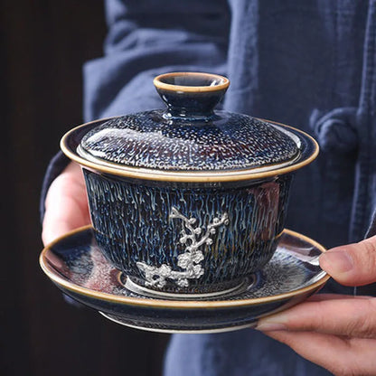 Handmade Silver Inlaid Star Teapot Set, Blue Drawing to build Tea Cup, Household