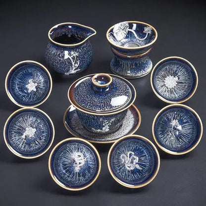 Handmade Silver Inlaid Star Teapot Set, Blue Drawing to build Tea Cup, Household