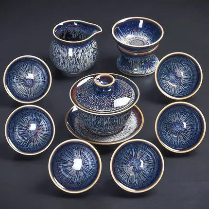 Handmade Silver Inlaid Star Teapot Set, Blue Drawing to build Tea Cup, Household