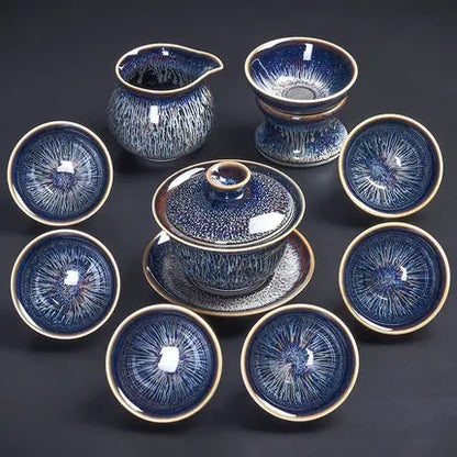 Handmade Silver Inlaid Star Teapot Set, Blue Drawing to build Tea Cup, Household