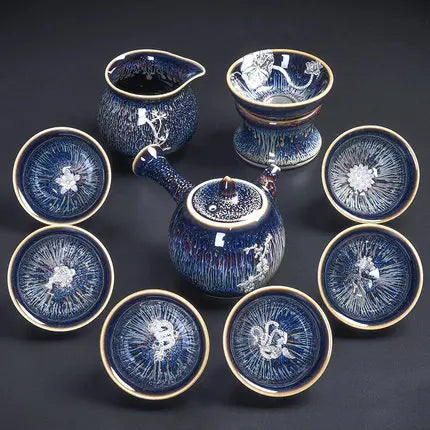 Handmade Silver Inlaid Star Teapot Set, Blue Drawing to build Tea Cup, Household