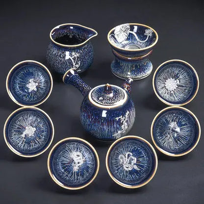 Handmade Silver Inlaid Star Teapot Set, Blue Drawing to build Tea Cup, Household