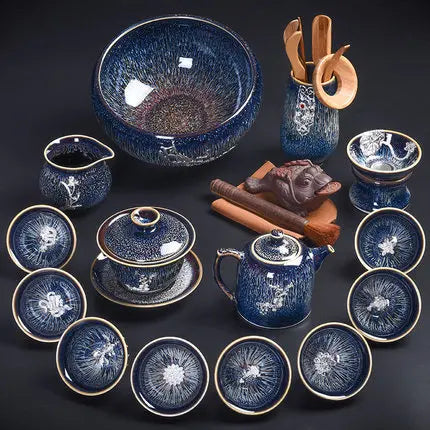 Handmade Silver Inlaid Star Teapot Set, Blue Drawing to build Tea Cup, Household