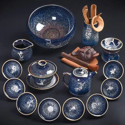 Handmade Silver Inlaid Star Teapot Set, Blue Drawing to build Tea Cup, Household