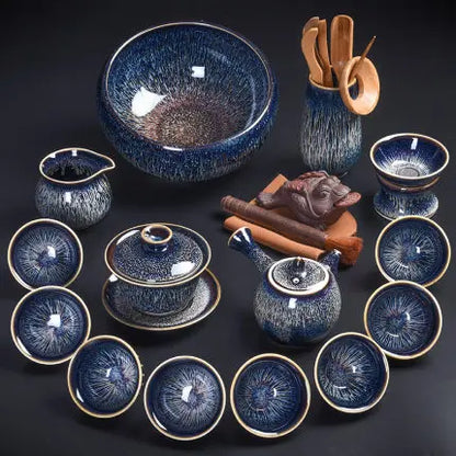 Handmade Silver Inlaid Star Teapot Set, Blue Drawing to build Tea Cup, Household