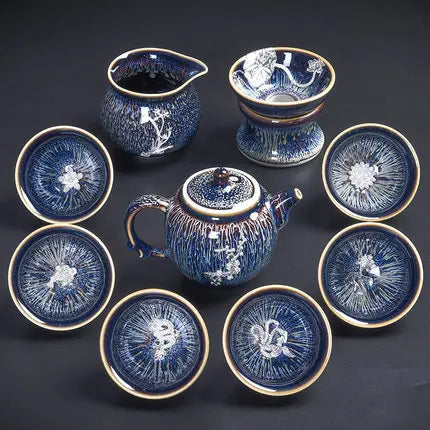 Handmade Silver Inlaid Star Teapot Set, Blue Drawing to build Tea Cup, Household