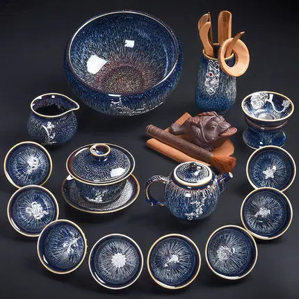 Handmade Silver Inlaid Star Teapot Set, Blue Drawing to build Tea Cup, Household