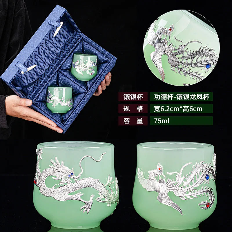 Handmade Silver Plated Glass Tea Cup Jianzhan Master Cup Ceramic Tea Bowl Jade Porcelain Tea Cup Dragon and Phoenix Couple's C