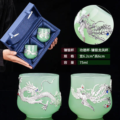 Handmade Silver Plated Glass Tea Cup Jianzhan Master Cup Ceramic Tea Bowl Jade Porcelain Tea Cup Dragon and Phoenix Couple's C