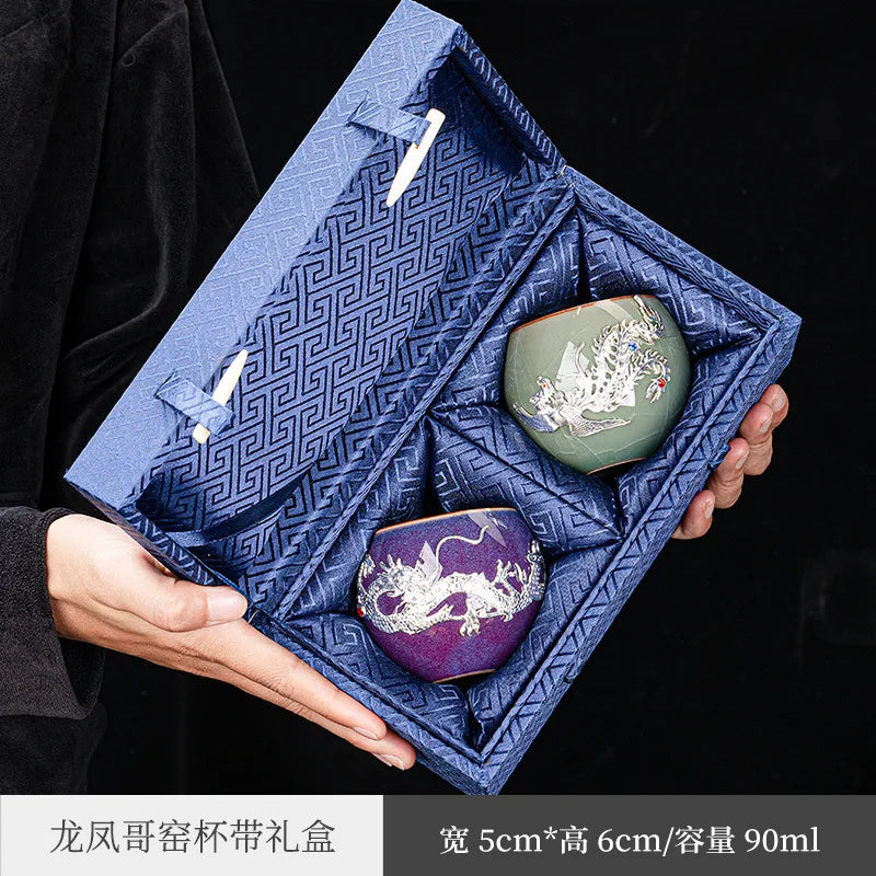 Handmade Silver Plated Glass Tea Cup Jianzhan Master Cup Ceramic Tea Bowl Jade Porcelain Tea Cup Dragon and Phoenix Couple's C