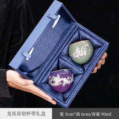 Handmade Silver Plated Glass Tea Cup Jianzhan Master Cup Ceramic Tea Bowl Jade Porcelain Tea Cup Dragon and Phoenix Couple's C