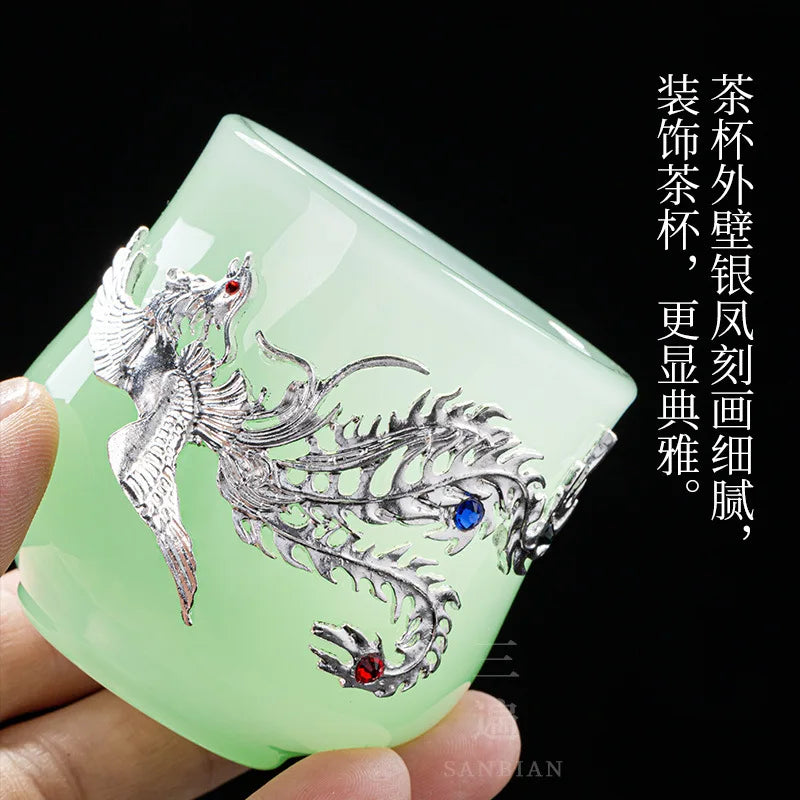 Handmade Silver Plated Glass Tea Cup Jianzhan Master Cup Ceramic Tea Bowl Jade Porcelain Tea Cup Dragon and Phoenix Couple's C