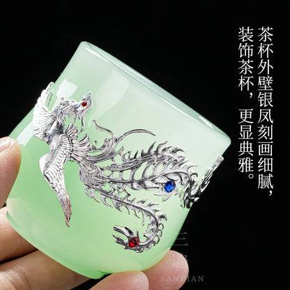 Handmade Silver Plated Glass Tea Cup Jianzhan Master Cup Ceramic Tea Bowl Jade Porcelain Tea Cup Dragon and Phoenix Couple's C