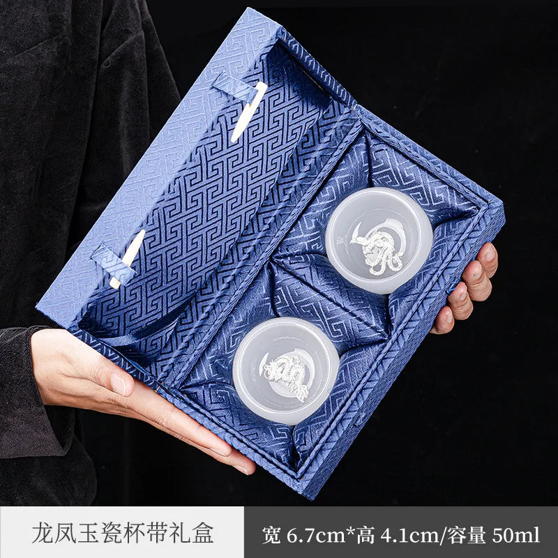Handmade Silver Plated Glass Tea Cup Jianzhan Master Cup Ceramic Tea Bowl Jade Porcelain Tea Cup Dragon and Phoenix Couple's C