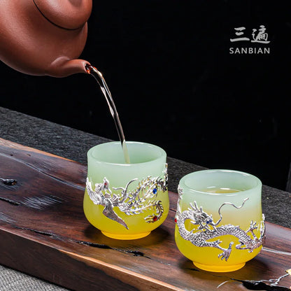 Handmade Silver Plated Glass Tea Cup Jianzhan Master Cup Ceramic Tea Bowl Jade Porcelain Tea Cup Dragon and Phoenix Couple's C