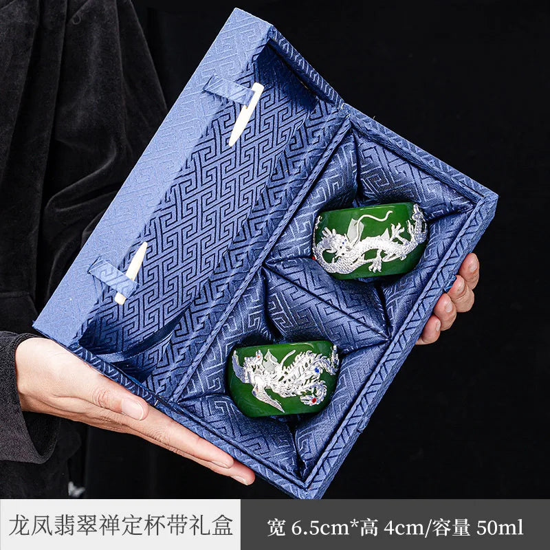 Handmade Silver Plated Glass Tea Cup Jianzhan Master Cup Ceramic Tea Bowl Jade Porcelain Tea Cup Dragon and Phoenix Couple's C