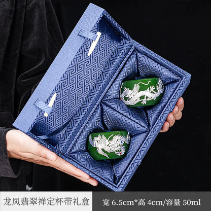 Handmade Silver Plated Glass Tea Cup Jianzhan Master Cup Ceramic Tea Bowl Jade Porcelain Tea Cup Dragon and Phoenix Couple's C