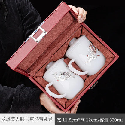 Handmade Silver Plated Glass Tea Cup Jianzhan Master Cup Ceramic Tea Bowl Jade Porcelain Tea Cup Dragon and Phoenix Couple's C
