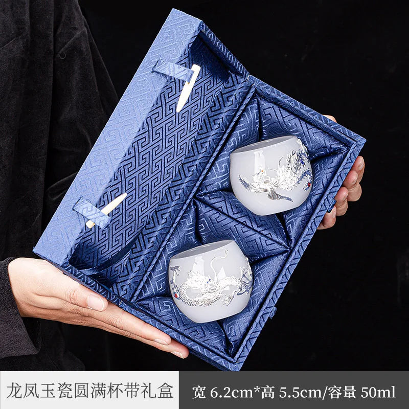 Handmade Silver Plated Glass Tea Cup Jianzhan Master Cup Ceramic Tea Bowl Jade Porcelain Tea Cup Dragon and Phoenix Couple's C
