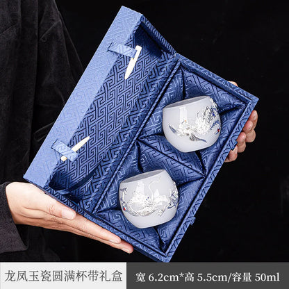 Handmade Silver Plated Glass Tea Cup Jianzhan Master Cup Ceramic Tea Bowl Jade Porcelain Tea Cup Dragon and Phoenix Couple's C