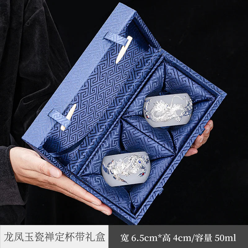 Handmade Silver Plated Glass Tea Cup Jianzhan Master Cup Ceramic Tea Bowl Jade Porcelain Tea Cup Dragon and Phoenix Couple's C