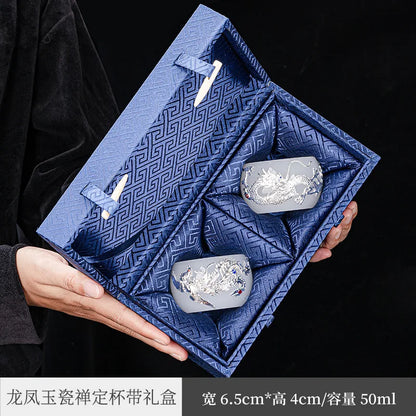 Handmade Silver Plated Glass Tea Cup Jianzhan Master Cup Ceramic Tea Bowl Jade Porcelain Tea Cup Dragon and Phoenix Couple's C