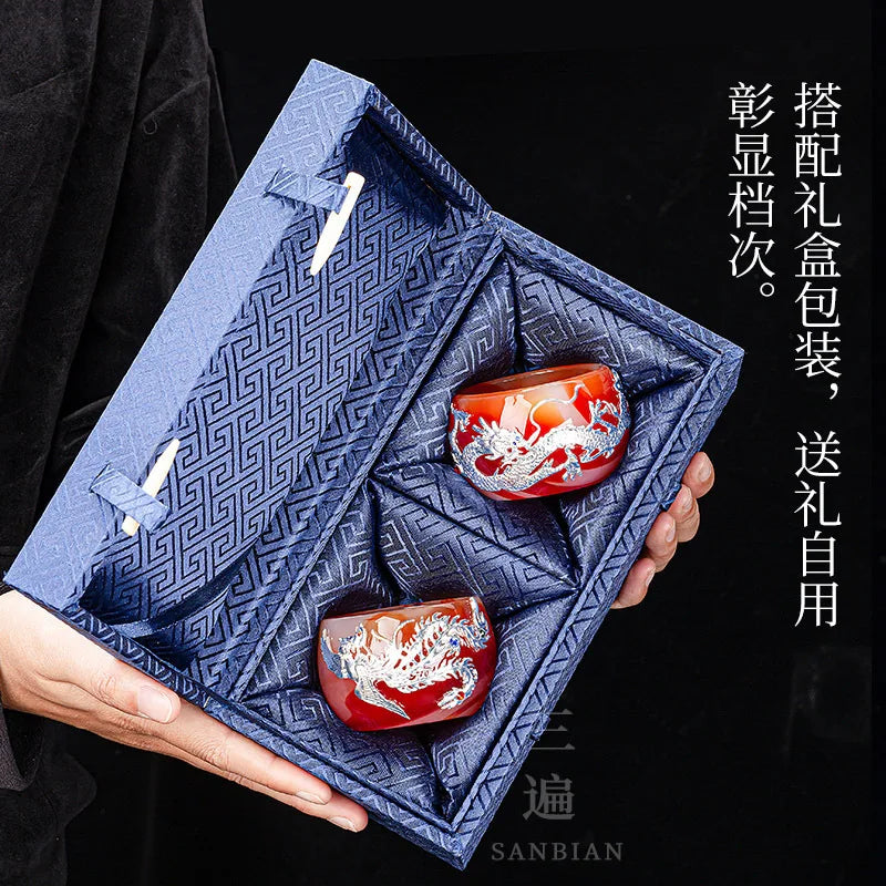 Handmade Silver Plated Glass Tea Cup Jianzhan Master Cup Ceramic Tea Bowl Jade Porcelain Tea Cup Dragon and Phoenix Couple's C