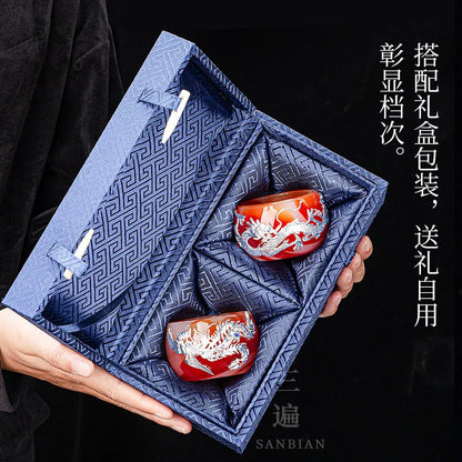 Handmade Silver Plated Glass Tea Cup Jianzhan Master Cup Ceramic Tea Bowl Jade Porcelain Tea Cup Dragon and Phoenix Couple's C