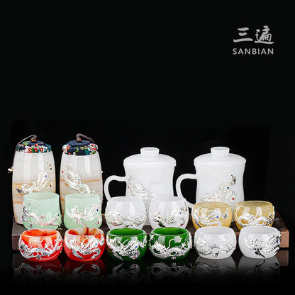 Handmade Silver Plated Glass Tea Cup Jianzhan Master Cup Ceramic Tea Bowl Jade Porcelain Tea Cup Dragon and Phoenix Couple's C