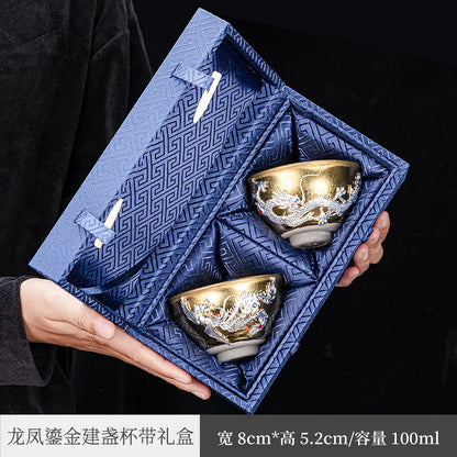 Handmade Silver Plated Glass Tea Cup Jianzhan Master Cup Ceramic Tea Bowl Jade Porcelain Tea Cup Dragon and Phoenix Couple's C