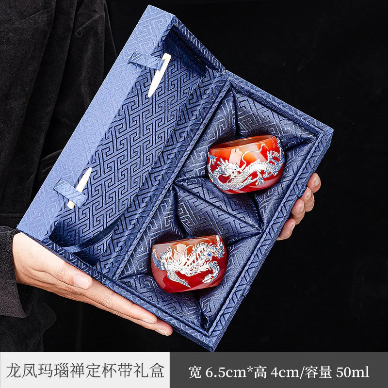 Handmade Silver Plated Glass Tea Cup Jianzhan Master Cup Ceramic Tea Bowl Jade Porcelain Tea Cup Dragon and Phoenix Couple's C