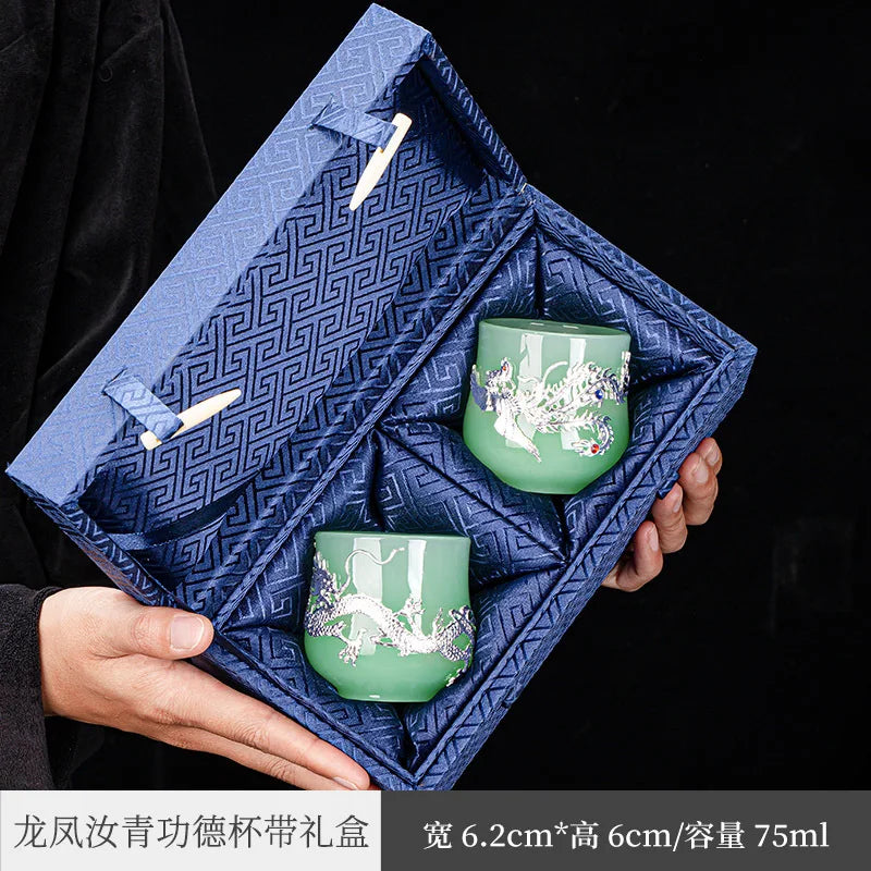 Handmade Silver Plated Glass Tea Cup Jianzhan Master Cup Ceramic Tea Bowl Jade Porcelain Tea Cup Dragon and Phoenix Couple's C