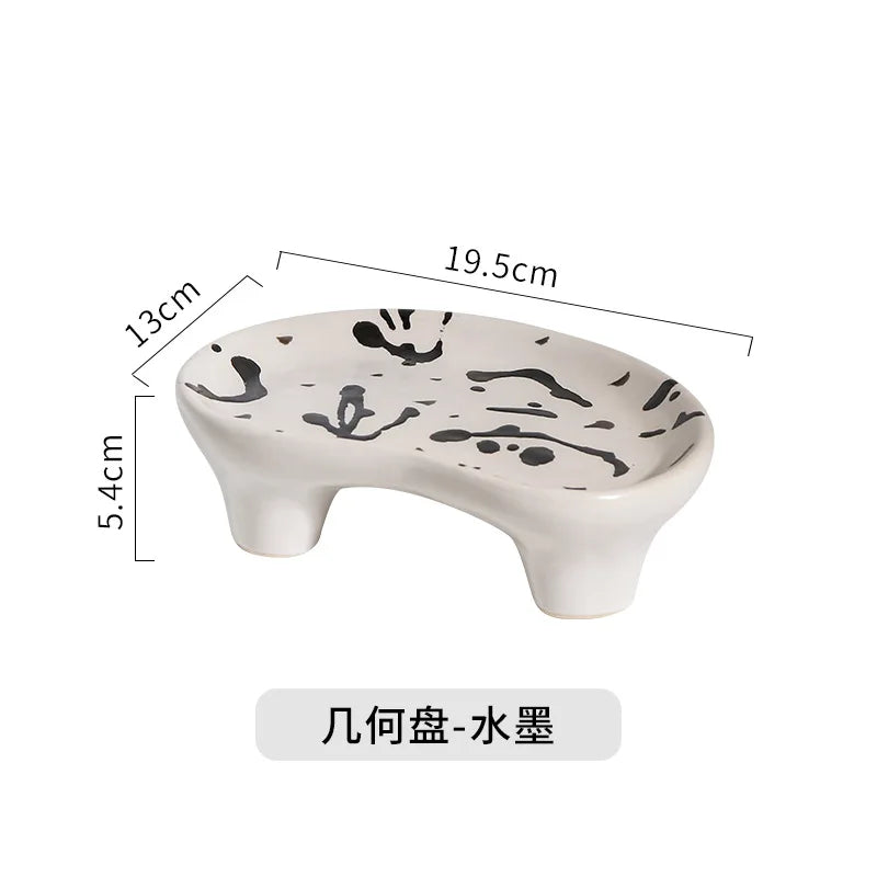 Handmade Small Ceramic Ink Splashing Plate Irregular Shaped Storage Tray Creative Hand-painted Cake Dinner Plate Retro