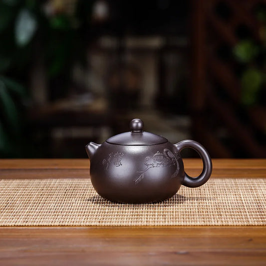 Handmade Spherical Hole Purple Clay Teapot, Carved with Black Mud, Zisha Teapot, Kung-Fu Teaware, Purple Clay Drinkware