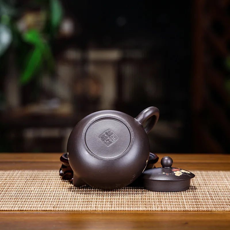 Handmade Spherical Hole Purple Clay Teapot, Carved with Black Mud, Zisha Teapot, Kung-Fu Teaware, Purple Clay Drinkware