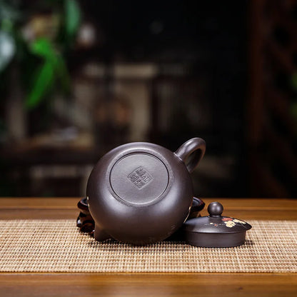Handmade Spherical Hole Purple Clay Teapot, Carved with Black Mud, Zisha Teapot, Kung-Fu Teaware, Purple Clay Drinkware