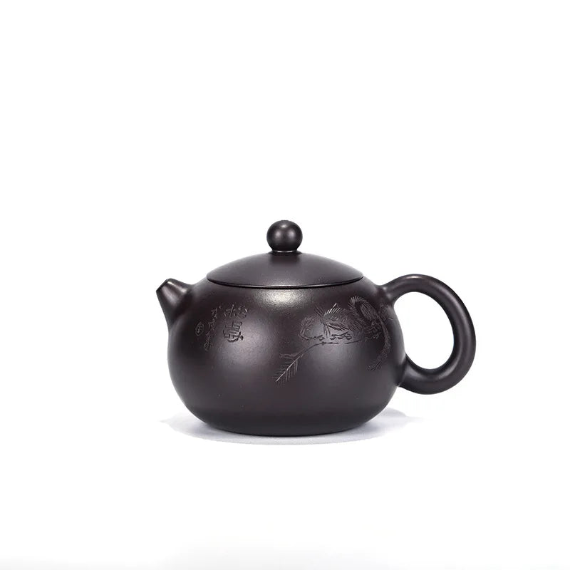 Handmade Spherical Hole Purple Clay Teapot, Carved with Black Mud, Zisha Teapot, Kung-Fu Teaware, Purple Clay Drinkware