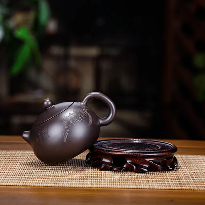 Handmade Spherical Hole Purple Clay Teapot, Carved with Black Mud, Zisha Teapot, Kung-Fu Teaware, Purple Clay Drinkware