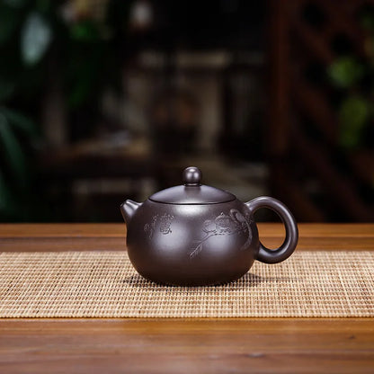 Handmade Spherical Hole Purple Clay Teapot, Carved with Black Mud, Zisha Teapot, Kung-Fu Teaware, Purple Clay Drinkware