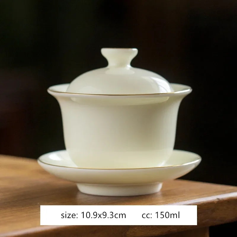 Handmade White Porcelain Tea Maker Household Sancai Gaiwan Tea Ceremony Accessories Boutique Ceramic Tea Bowl with Lid Teacup
