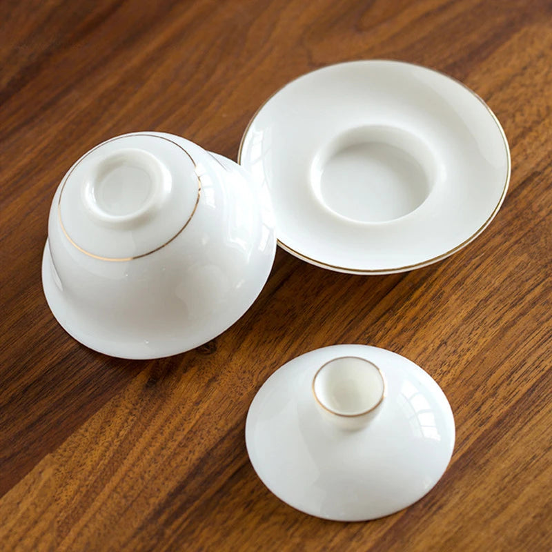 Handmade White Porcelain Tea Maker Household Sancai Gaiwan Tea Ceremony Accessories Boutique Ceramic Tea Bowl with Lid Teacup