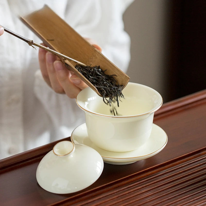 Handmade White Porcelain Tea Maker Household Sancai Gaiwan Tea Ceremony Accessories Boutique Ceramic Tea Bowl with Lid Teacup