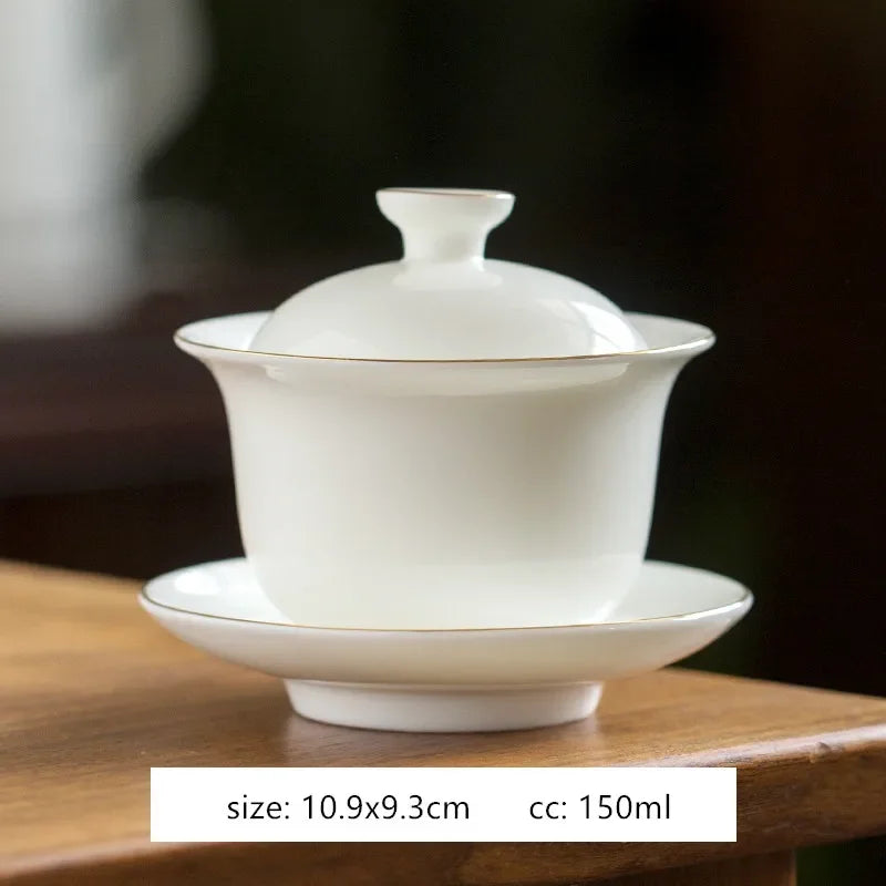 Handmade White Porcelain Tea Maker Household Sancai Gaiwan Tea Ceremony Accessories Boutique Ceramic Tea Bowl with Lid Teacup
