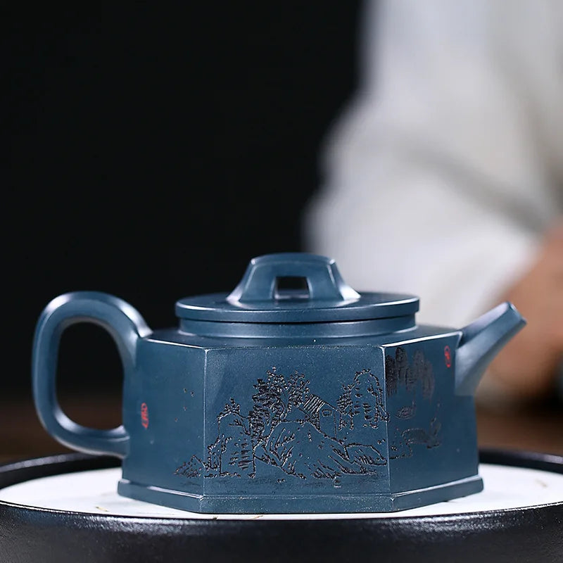 Handmade Yixing Handmade Kung-Fu Teaware, Raw Ore, Rain Mud, Hexagonal Junyu Pot, Purple Clay, Drinkware for Puer Green