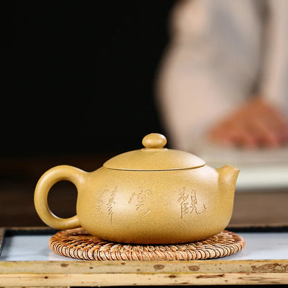 Handmade Yunguan Flat Xishi Teapot, Kung-Fu Teaware, Yixing Handmade Pot, Purple Clay, Drinkware for Puer, Green, Black