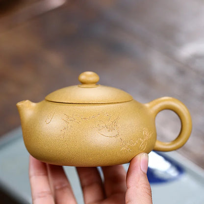 Handmade Yunguan Flat Xishi Teapot, Kung-Fu Teaware, Yixing Handmade Pot, Purple Clay, Drinkware for Puer, Green, Black
