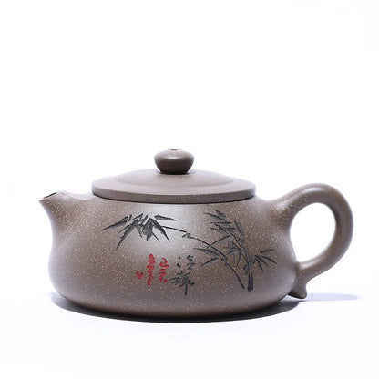 Handmade Zisha Teapot with Bamboo Shadow Flat Scoop, Kung-Fu Teaware, Purple Clay Drinkware for Puer Green and Black, Handmade P